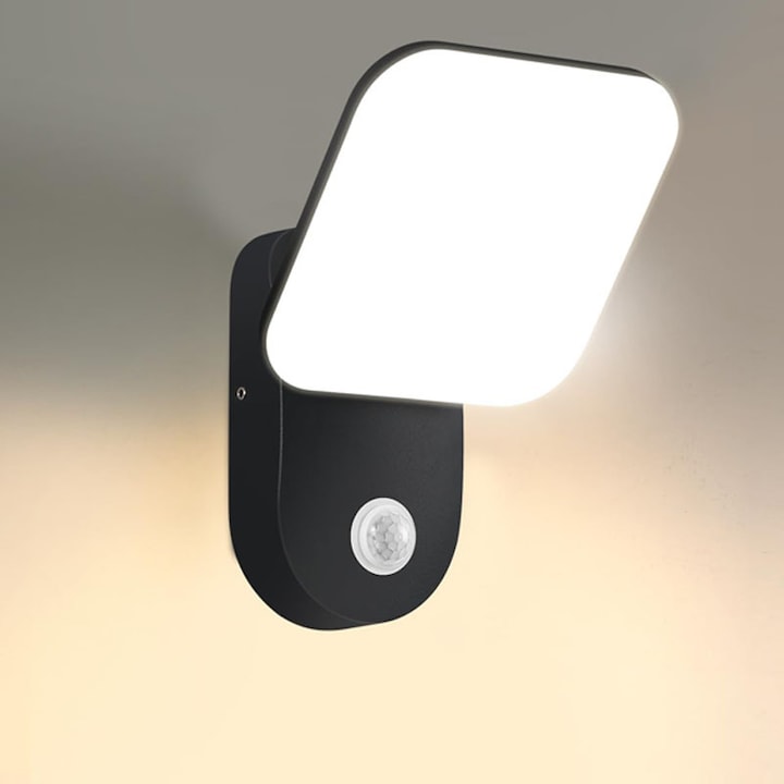 Duueyct kültéri LED fali lámpa mozgásérzékelővel, IP65, 3000 K, 12 W, fekete, méretek 13x13x18cm