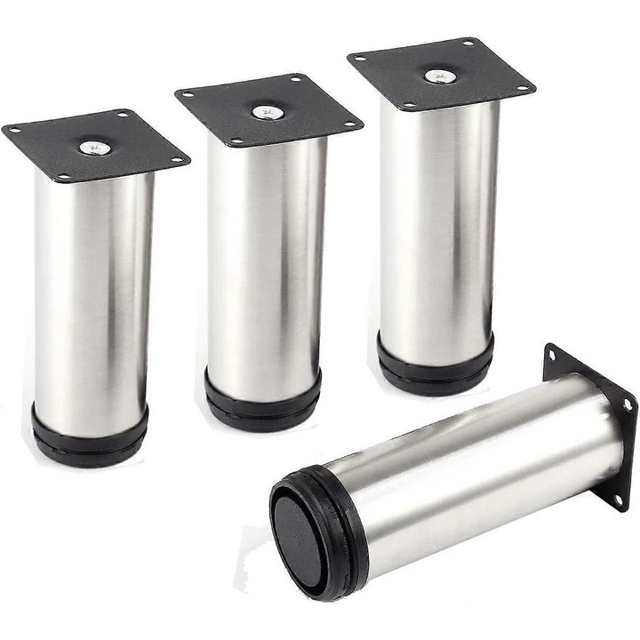 Picioare metalice pentru mobilier, set de 4, cu protectii din cauciuc, otel inoxidabil, pentru canapea, masa, DIY