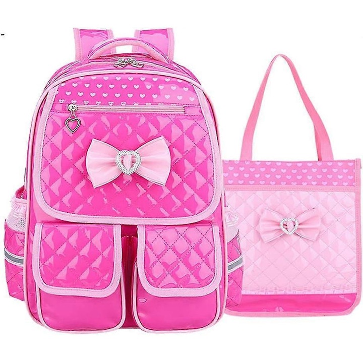 Set ghiozdane pentru copii cu imprimeu cu fundita, roz, dimensiuni 30x14x41cm si 29x14x39cm