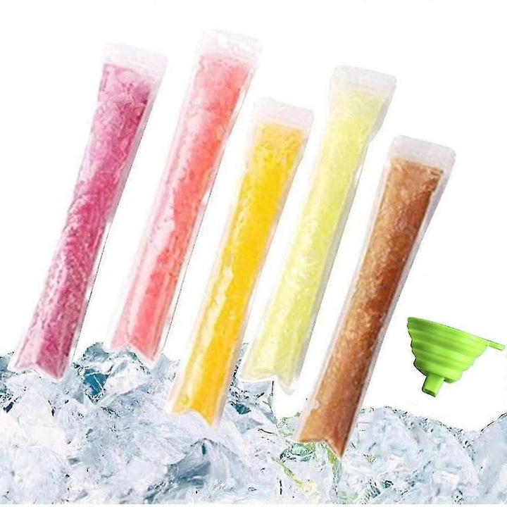 Set 100 Pungi Mold pentru Popsicle, cu Funnell din Silicon, 5.5x28cm, Multicolor