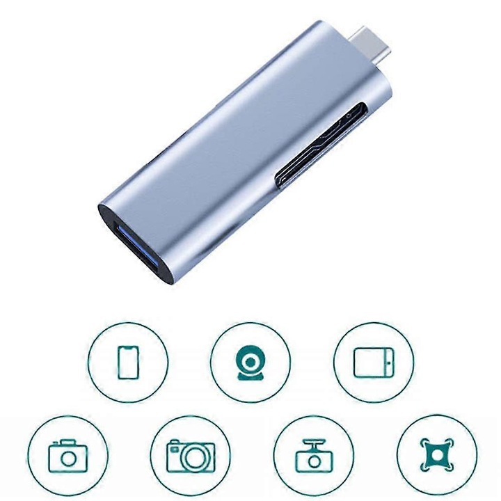 Cititor de carduri Type-C cu USB 3.0, argintiu, suporta micro SD si SD, dimensiuni compacte