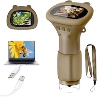 Microscop de buzunar pentru copii, Omelivon,1000x magnificare, Afisaj de 2 inci, cu sursa de lumina, Compatibilitate computerizata, USB, portabil, Maro