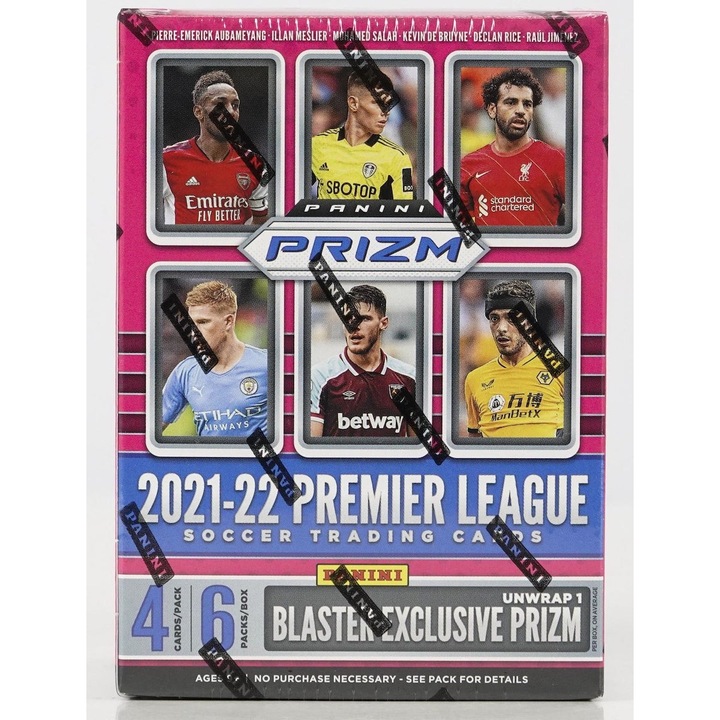 2021/22 Panini Prizm Premier League EPL Soccer Blaster Doboz (24db Focis Kártya, benne 2db Prizm és 1db Exclusive Red Prizm Kártya)