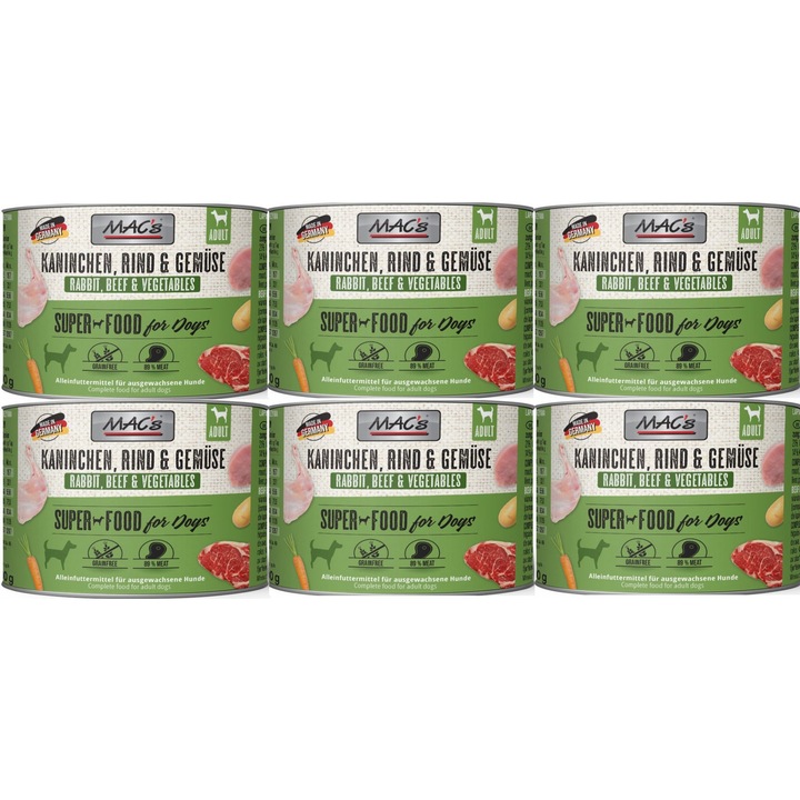 Hrana pentru caini, Macs, carne de iepure, vita si legume, set 6x200g