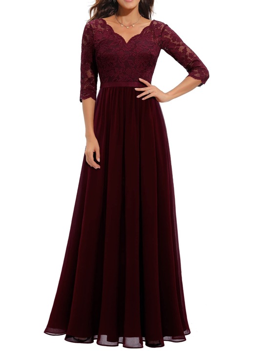 Rochie de seara, cu dantela, maneci lungi, visiniu