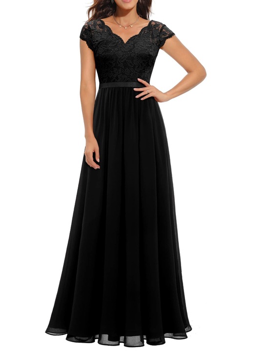 Rochie de seara eleganta, cu dantela, talie inalta, negru