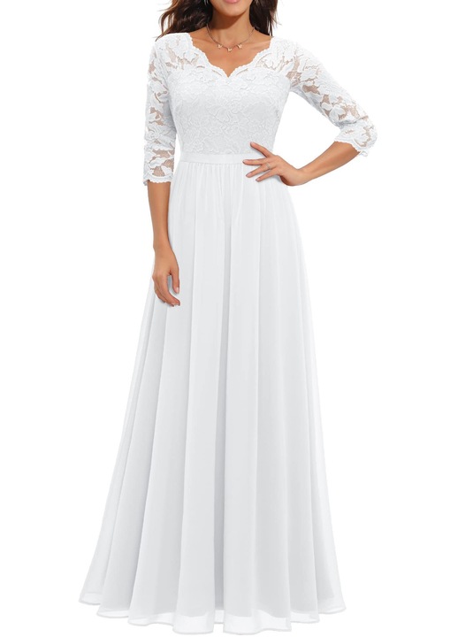 Ruha, nyári, V-nyakú, csipke, fehér, sifon