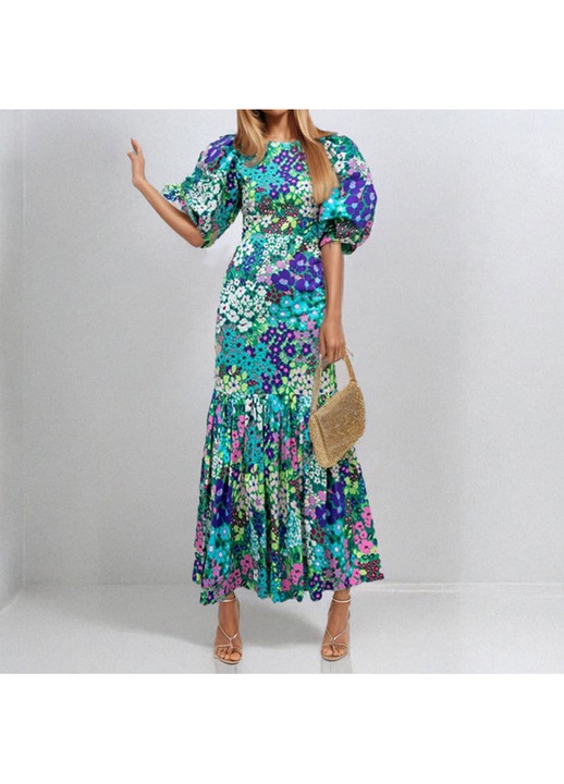 Rochie cu imprimeu, maneci bufante, multicolor
