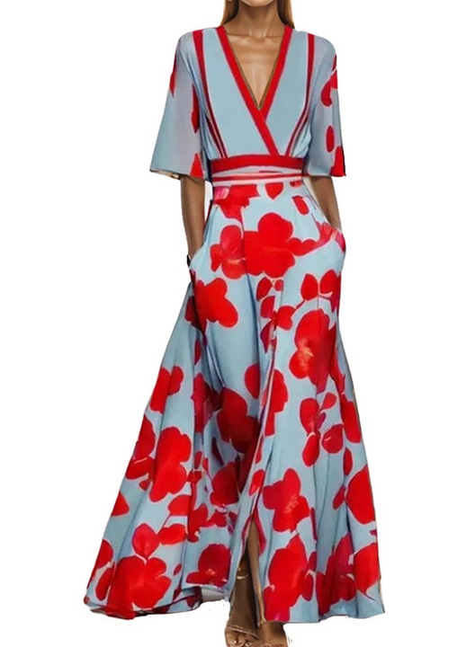 Rochie eleganta, imprimeu vintage, decolteu in V, talie cambrata, fusta ampla, albastru/rosu