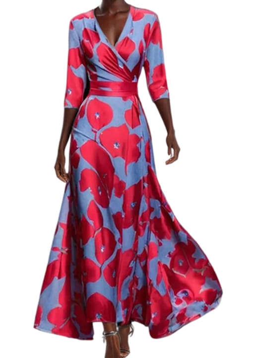 Rochie eleganta, imprimeu vintage, decolteu in V, talie cambrata, fusta ampla, rosu/albastru