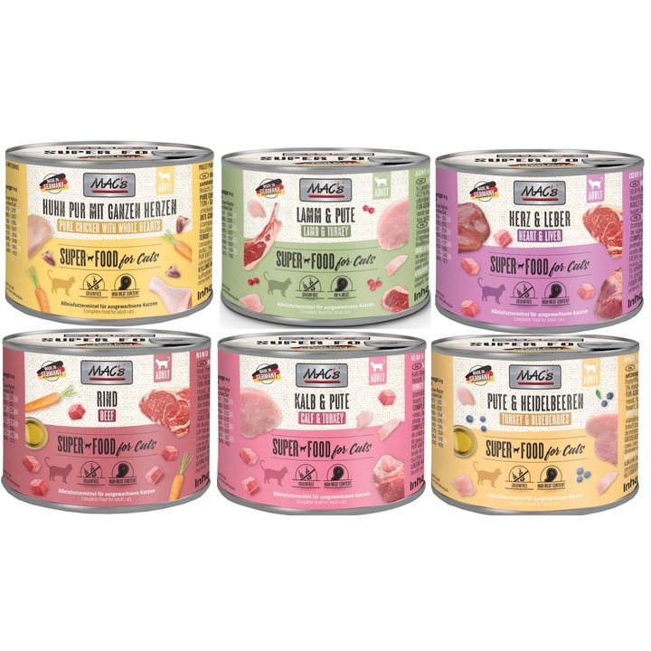 MAC's Cat Adult, мокра храна за котки, 6x200g, без зърнени култури, без консерванти, висококачествено месо