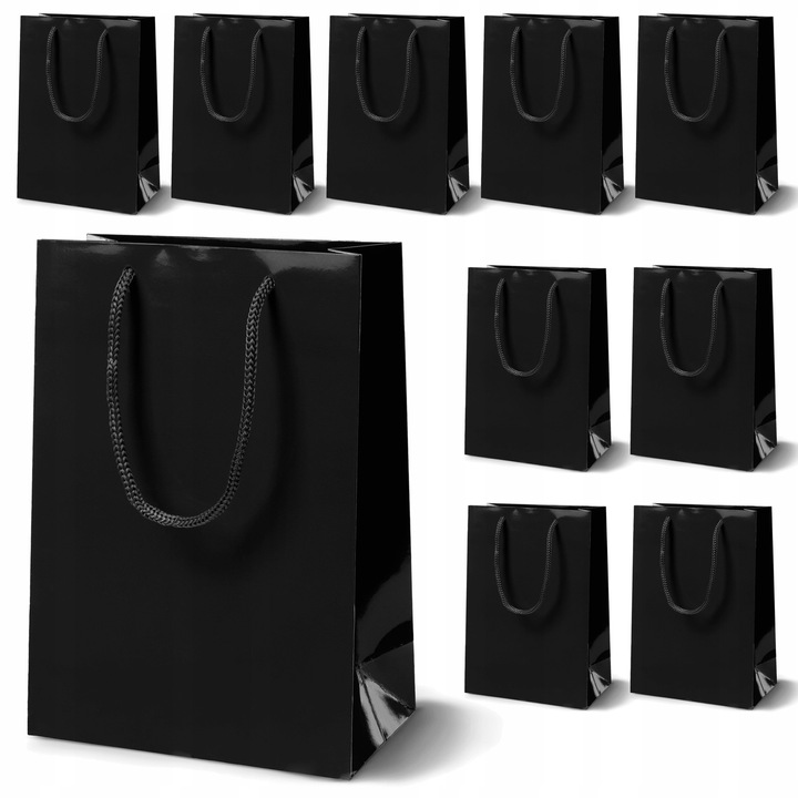 Set 10 torbe de prezent laminat, Allbag, 17x7x21 cm, negru, 190 GSM