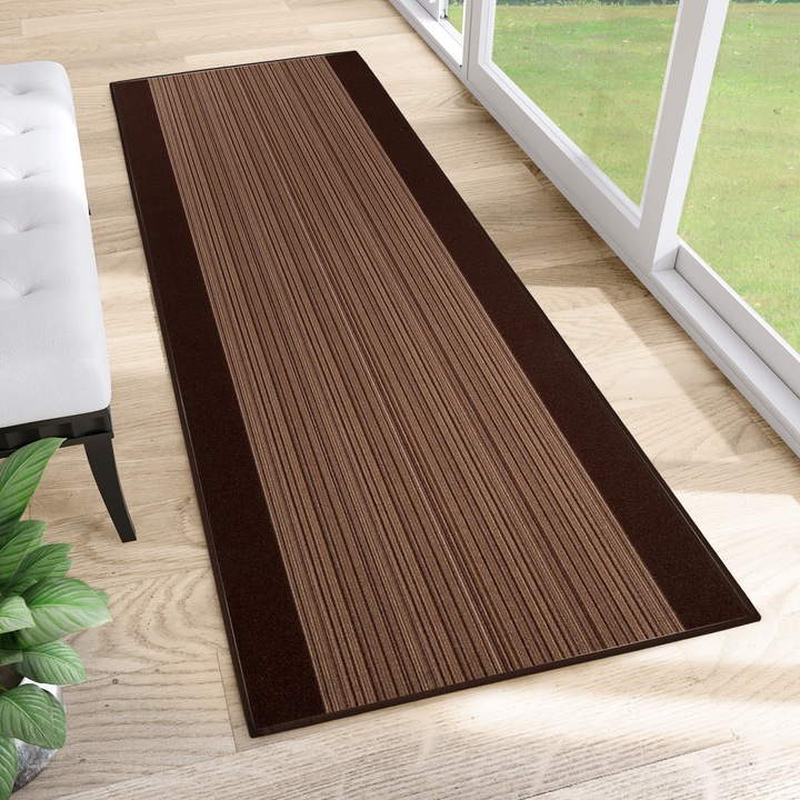 Covor antiderapant Tapiso, Negru, maro dungi, model clasic, usor de curatat, pentru sufragerie, hol 80 x 1200cm