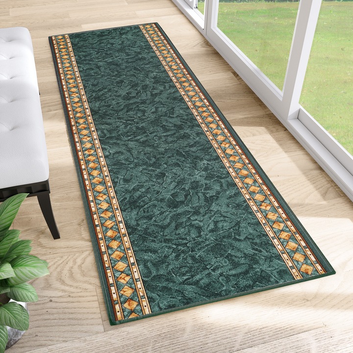 Covor antiderapant Tapiso, Verde, model clasic, usor de curatat, pentru sufragerie, hol 80 x 1450cm