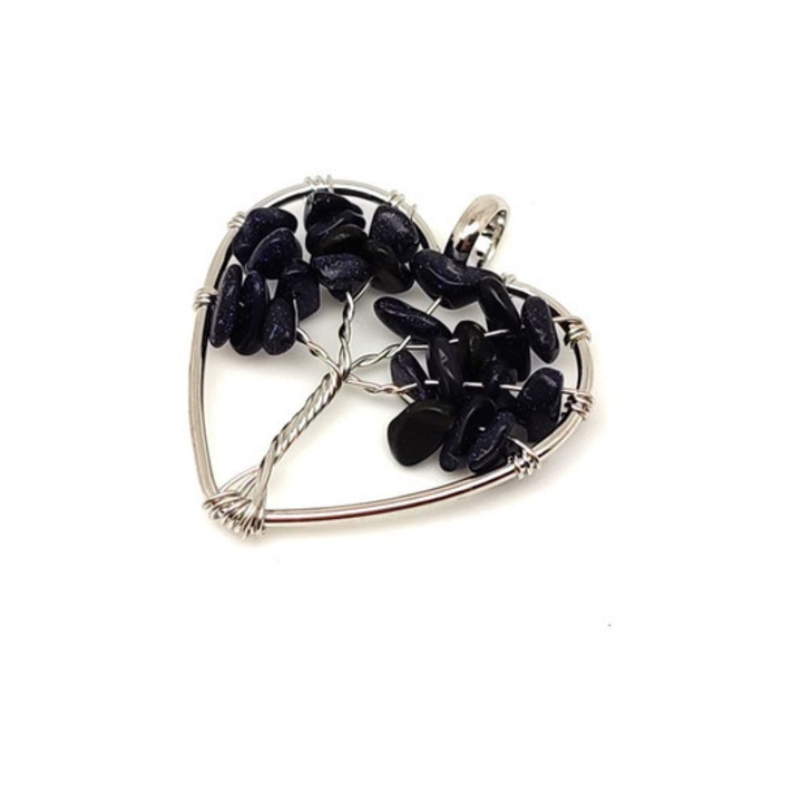 Életfa medál drótos szív Goldstone kék 3cm