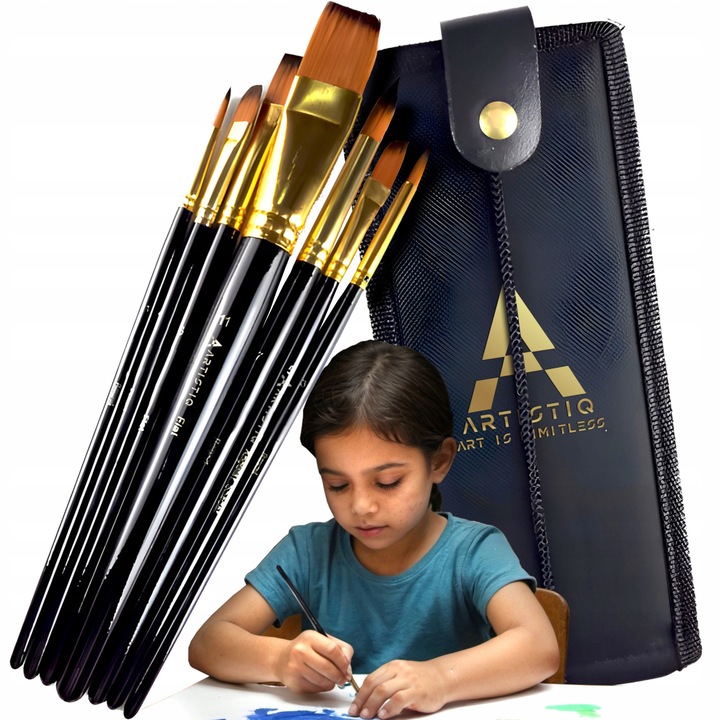 Set de 7 pensule de precizie ARTISTIQ cu maner din lemn, nylon, etui, negru