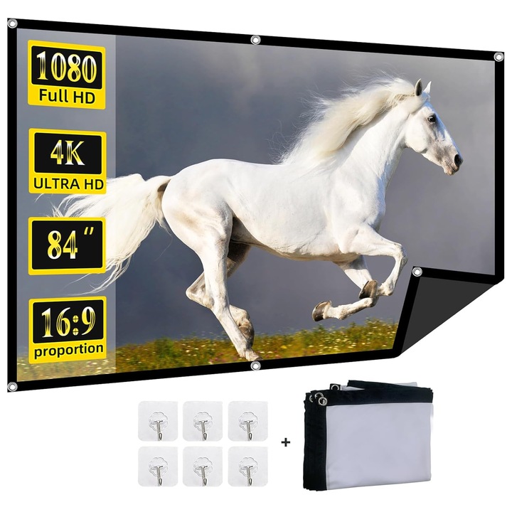Ecran de proiectie, 84 inch 16:9 textil, 6 carlige pentru acasa, Scoala, Intalnire, portabil, fixare perete, pentru videoproiector, Alb / Negru