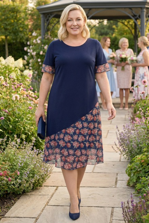 Rochie bleumarin cu imprimeu floral roz la baza 52