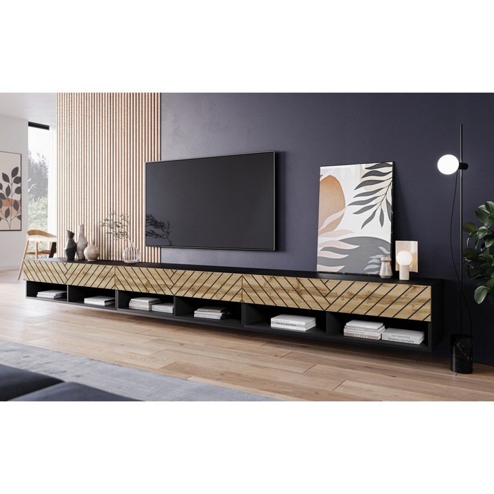 Comoda TV 300 cm, Lauren Meble, MDF herringbone negru, cu iluminare LED, montare suspendata sau pe podea
