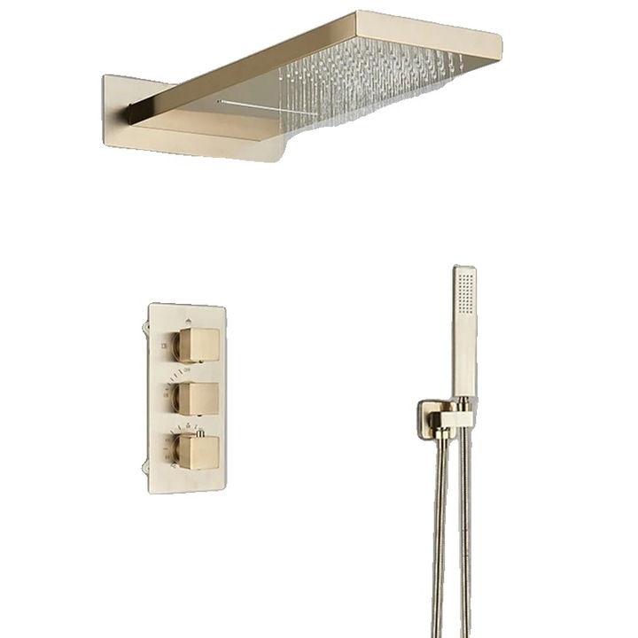 Set baterii de dus, mixer termostatic, montare pe perete, aur periat, 3 robinete