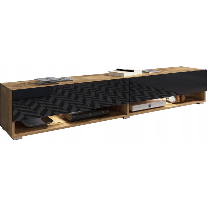 Comoda TV Bratex A180 fara manere, corp mat, fronturi lucioase, montare suspendata sau pe picioare, Wotan/negru lucios, 180 cm