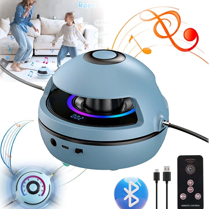 Смарт машина за скачане на въже, Bluetooth музика и цветни светлини, Скорост 1-10, Дистанционно управление, LED екран, Електронно броене, 1200mAh, Презареждаема, Фитнес упражнения, Безопасна и издръжлива, 2 въжета, Син
