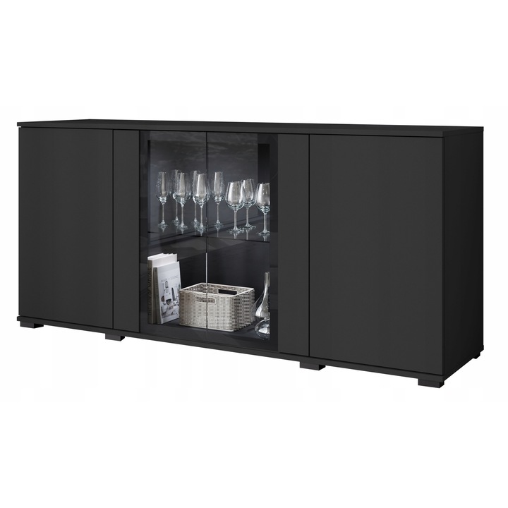 Comoda 150 cm Lauren Meble, design modern, cu usi din sticla, finisaj mat negru, iluminare LED, 39,5x69,7cm