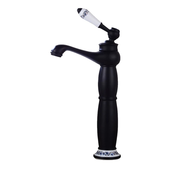 Baterie sanitara, design retro, cu robinet inalt si duza rotativa, neagra, G3/8