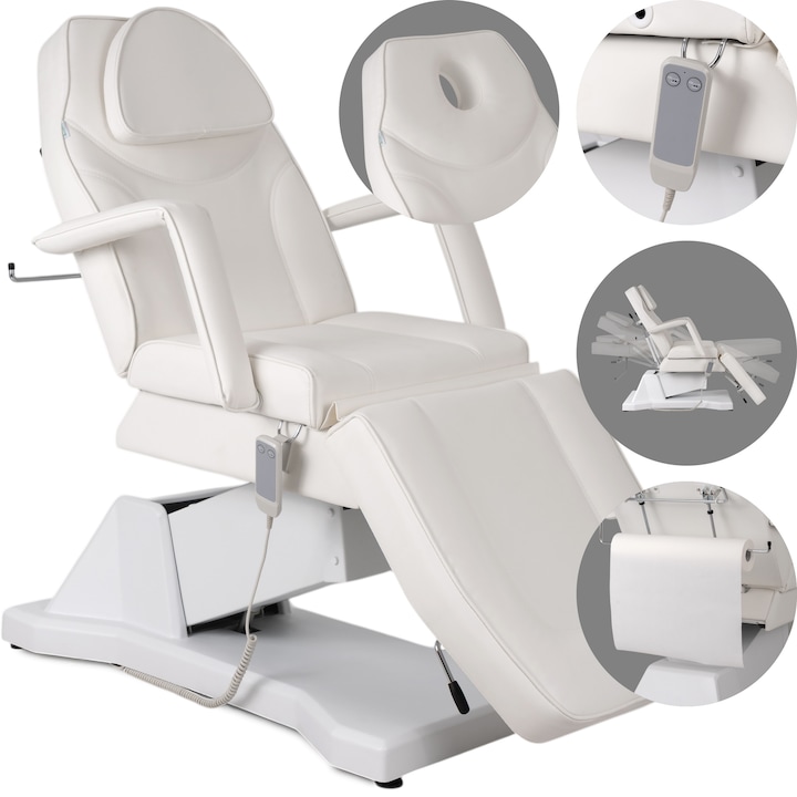 Pat cosmetic electric Laris, reglaj inaltime 60–85 cm, spatar si suport picioare reglabile, orificiu fata, 180 kg, 1 motor, alb, Habys