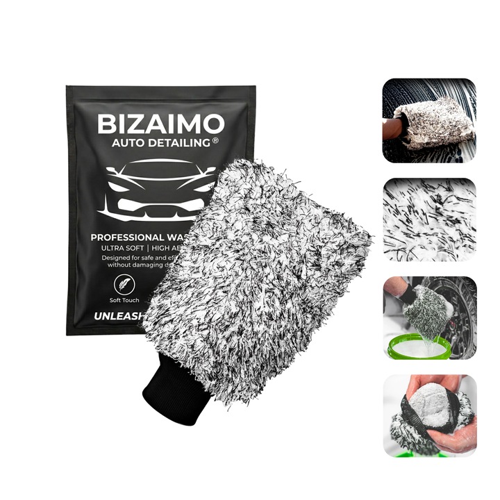 BIZAIMO Prémium Mikroszálas Autómosó Kesztyű, Karosszéria Mosás és Autó Részletezés, Kíméletes, Nyom- és Karcolásmentes, Fekete-Fehér