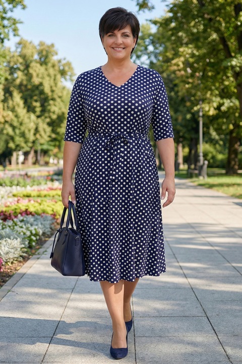 Rochie bleumarin cu buline albe si curea