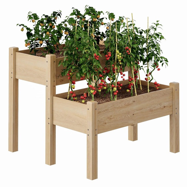 Strat de gradina inaltat, Jardiniera cu picioare, Pe 2 niveluri, 86x86x74 cm, Lemn, Pentru legume, ierburi si flori, Culoare lemn