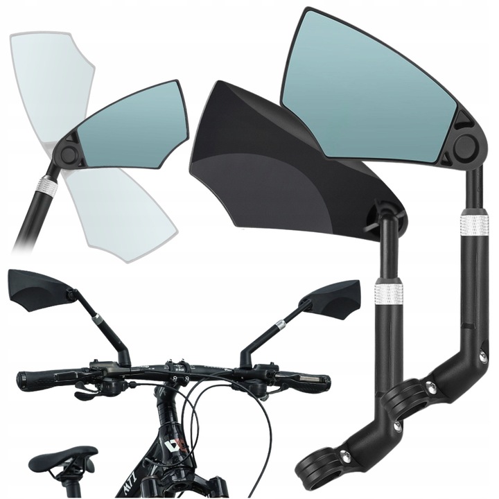 Gearox kerékpár visszapillantó tükrök, 360°-os szett, 2 db, tükröződésmentes, állítható, univerzális, fekete, a készlet tartalmazza a bal és jobb oldali tükröt, anyag: műanyag, tükör szélessége: 8 cm, tükör magassága: 12 cm, rövidebb kar hossza: 9 cm