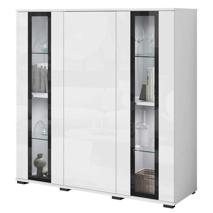 Vitrina 120 cm, Lauren Meble, alb mat si alb lucios, cu iluminare LED, 3 usi, 2 rafturi din sticla