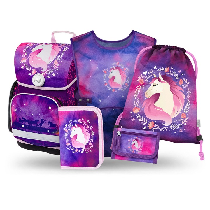 Set ghiozdan scolar 5 piese BAAGL Ergo Cal III: Ghiozdan 19L 27x39x17 cm, Sac, Penar, Sort, Portofel, Mov, clasele 1-4