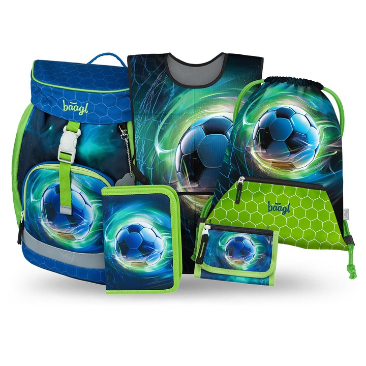 Set rucsac scolar 5 piese BAAGL Airy Fotbal III: Rucsac 25x40x20 cm, Penar, Sac, Sort, Portofel, Verde, clasele 1-4