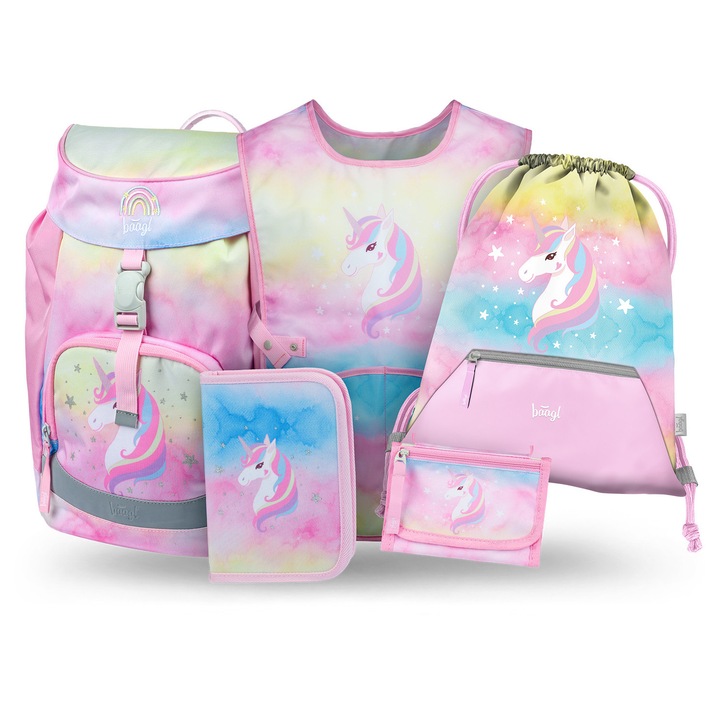 Set rucsac scolar 5 piese BAAGL Airy Rainbow Unicorn III: Rucsac 25x40x20 cm, Penar, Sac, Sort, Portofel, Multicolor, clasele 1-4
