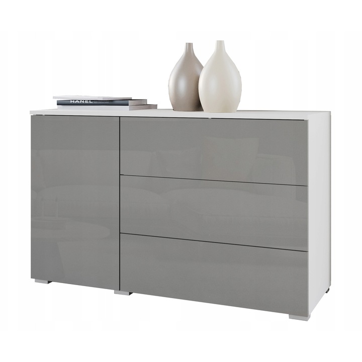 Comoda Bratex 110 cm, 3 sertare, fronturi gri lucios, corp alb mat