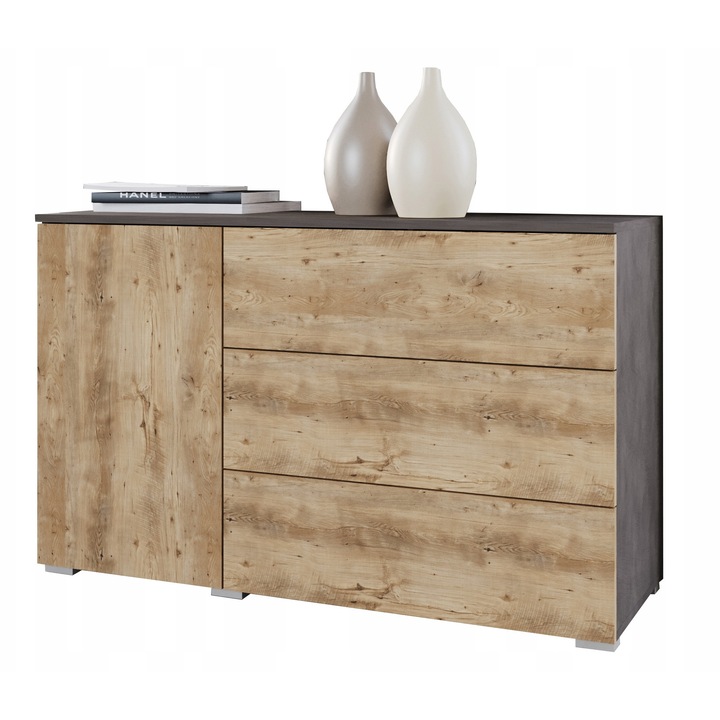 Comoda 110 cm Bratex, 3 sertare, antracit matera/kasztan, dimensiuni 111x68x39 cm