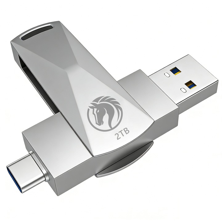 Type-C Memorie USB 2TB Interfata Dubla, USB 3.0 viteza maxima 100MB/s 100MB/s, corp metalic impermeabil, compatibil cu smartphone-uri, calculatoare desktop si laptopuri (Argintiu)