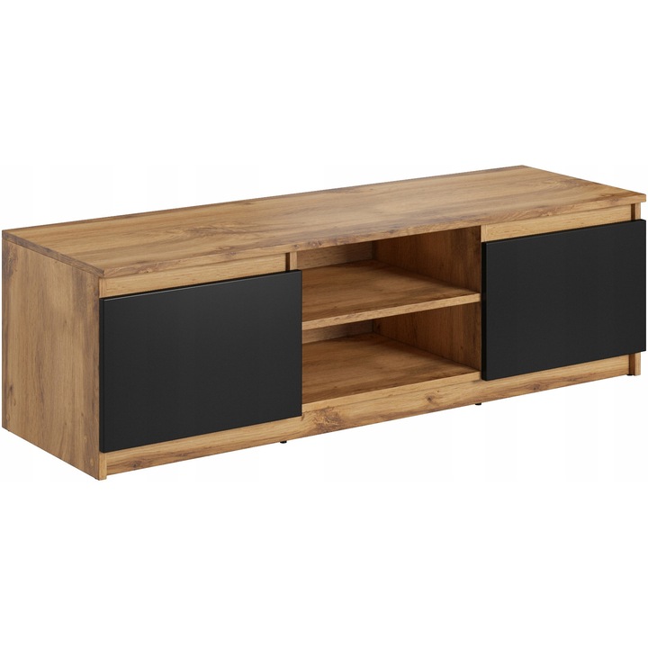 Comoda RTV 120 cm, Bratex, 2 safki inchise, rafturi, negru mat