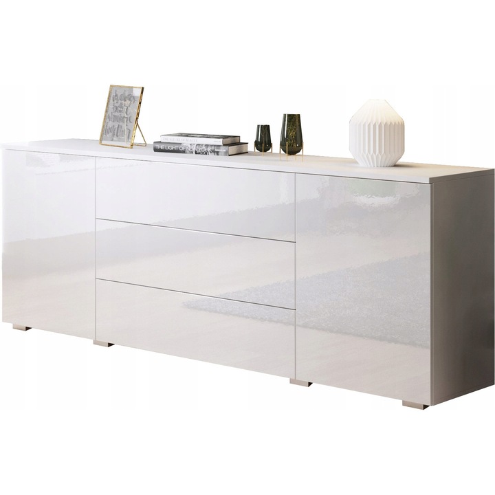 Comoda Bratex 150cm, alb mat si alb lucios, 3 suflade, 2 fronturi laterale cu rafturi