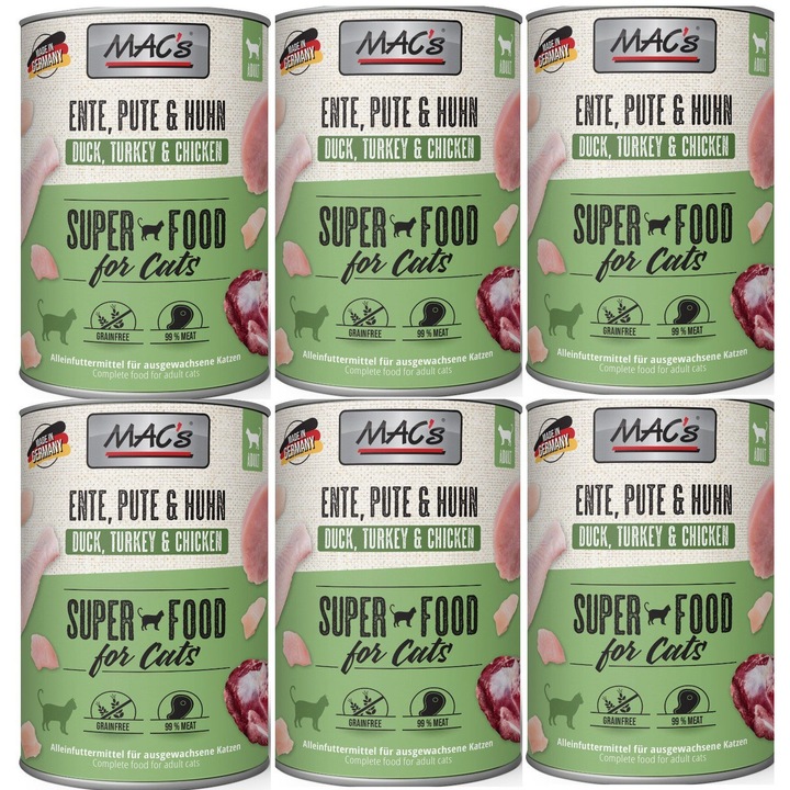 MAC's eledel, 6x 400g, kacsa, pulyka, csirke, gabonamentes, tartósítószer nélkül
