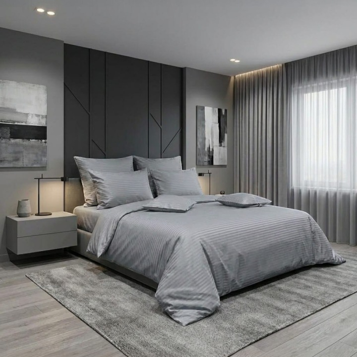 Lenjerie de pat din damasc gri, Casa Bumbac Textil by Edural, 8 piese, cearsaf 240 x 260, 100% damasc calitate premium