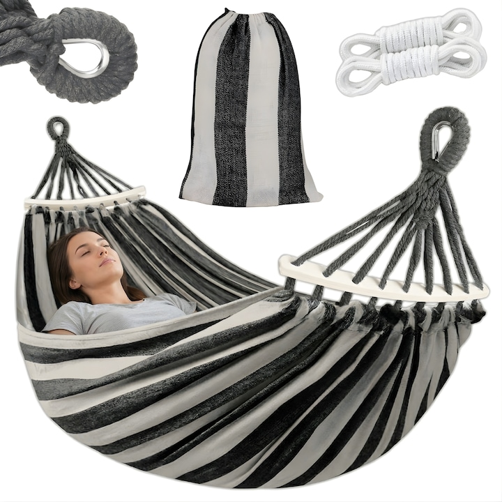 Hamac De Gradina 2 Persoane, Lewer®, XXL 260x155 Cm, 250 Kg, Bare Lemn, Material Rezistent, Cu Husa, Usor De Montat, Ideal Pentru Curte, Camping, Balcon, Interior Si Exterior, Culori Disponibile: Gri