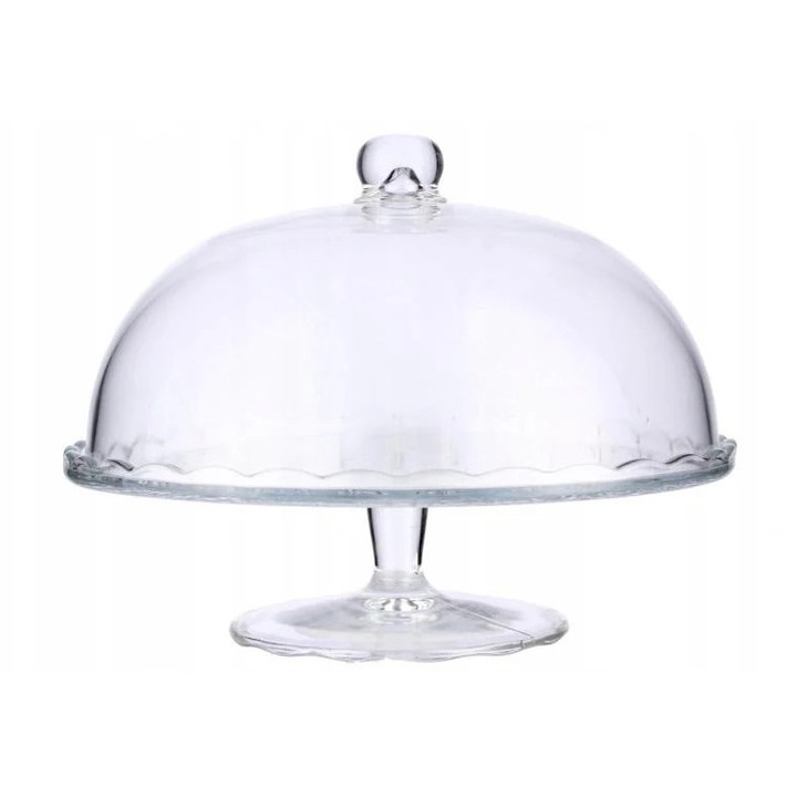 Platou pentru tort cu capac, Platou din sticla, Diametru 29 cm, Rotund, Cu picior, Sigur pentru alimente