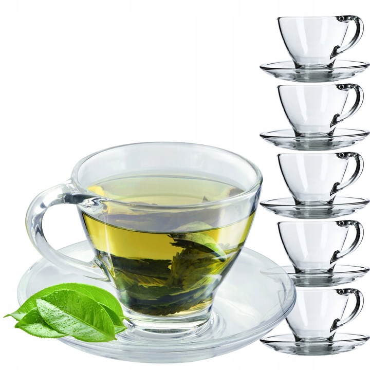 Cesti cafea si ceai, set cu farfurioare, 200 ml, sticla, 6 piese, certificat FCM