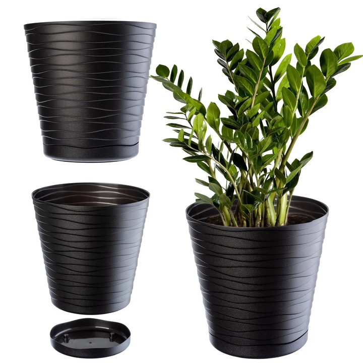 Ghiveci de flori, Ghiveci din plastic cu farfurioara, Marime L, Negru