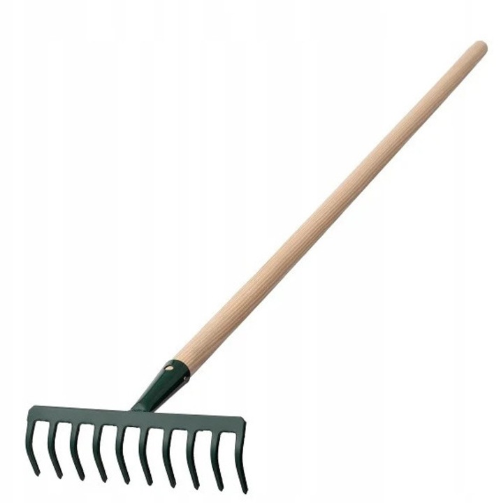 Grebla de gradina, Grebla pentru sol cu 10 dinti, Coada din lemn, Dinti metalici, 126 cm, Pentru frunze, iarba si pamant
