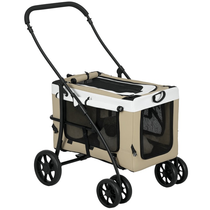 Carucior pentru caini, carucior pentru animale de companie, pliabil, cabina detasabila, 4 deschideri cu fermoar, 2 chingi de siguranta, perna, 81 x 58 x 97, 5 cm, Persimmon